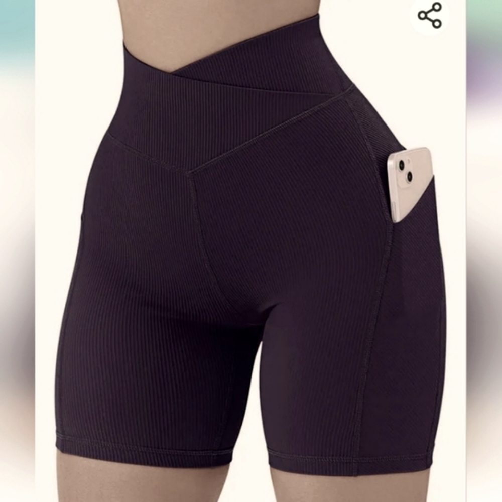 Cross Workout Shorts with‎ Pockets High Waist Booty Biker Short Navy Blue SZ S